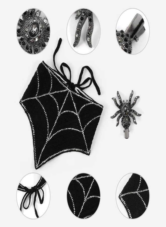 Xyulaan Gothic Cotton Headbands for Women, Spooky Crochet Bandana Knitted Headband with Gothic Hair Accessories Halloween, Wicked Hair Spider Rhinestone Barrettes Triangle Scarf Alternative Accessories - Image 5